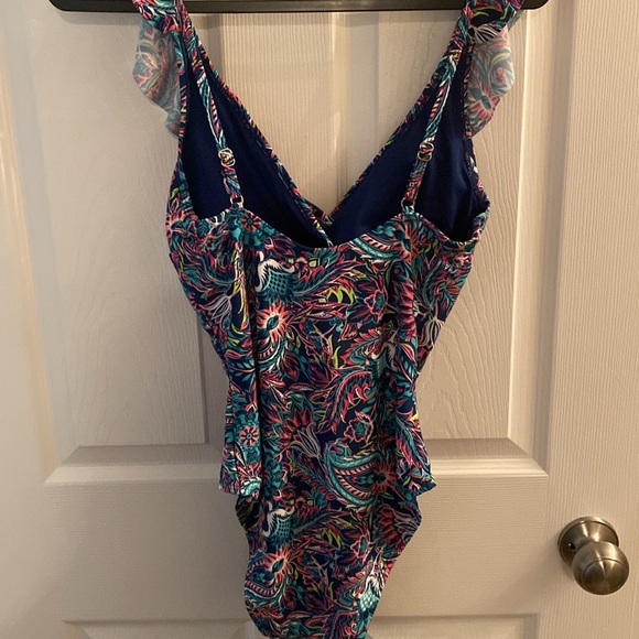 Caribbean Joe V-neck One Piece Swimsuit Ruffle Midnight Blue Paisley - Picture 4 of 8